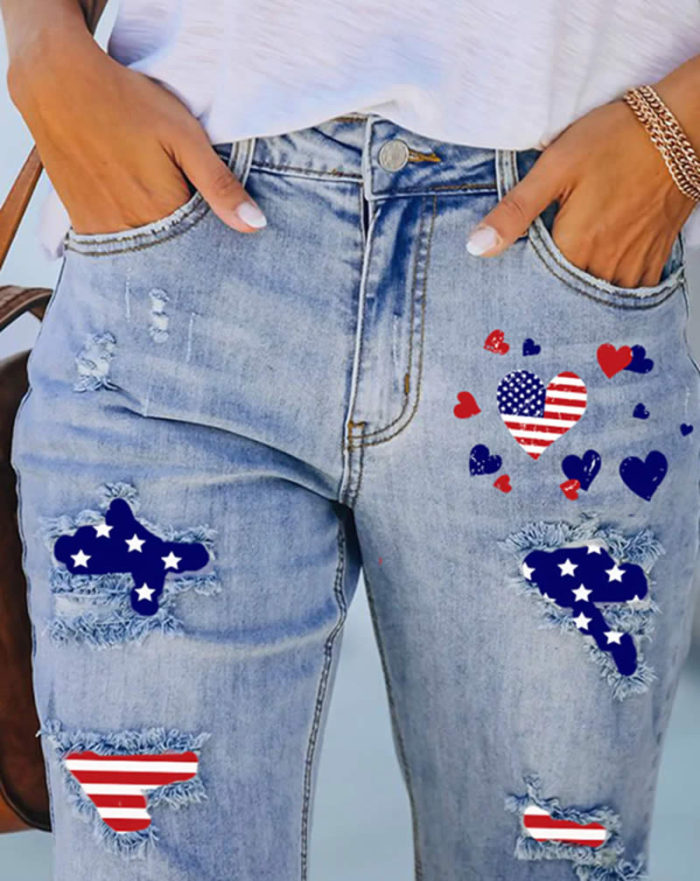 American Flag Denim Destroyed Shorts