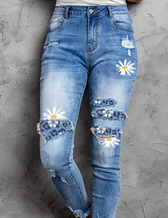 Casual Floral Print Ripped Jeans