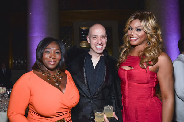 Bevy Smith, Robert Verdi, and Laverne Cox in Herve Leger and Alexis Bittar