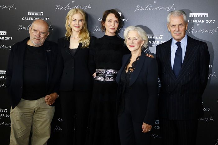 Peter Lindbergh, Nicole Kidman, Uma Thurman and Helen Mirren, and CEO Pirelli Group Marco Tronchetti Provera