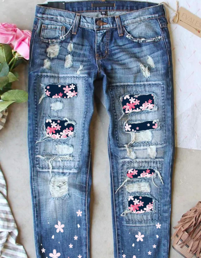 Cherry Blossom Patchwork Ripped Jeans